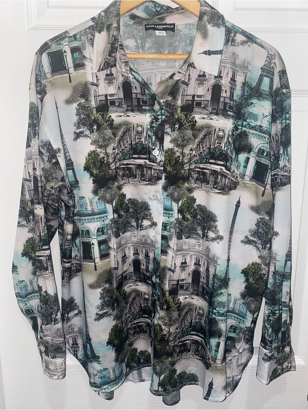 Karl Lagerfeld Women's Architectural Print Button-Down Shirt - Gray/Green/Black